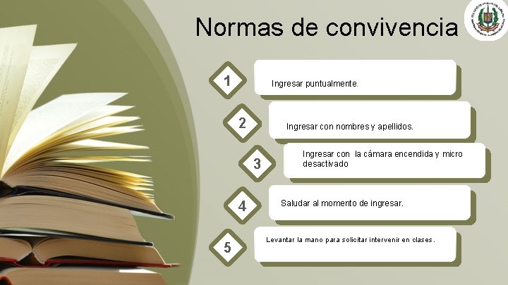 Normas de convivencia 1 Ingresar puntualmente. 2 Ingresar con nombres y apellidos. 3 4 Normas de convivencia 1 Ingresar puntualmente. 2 Ingresar con nombres y apellidos. 3 4