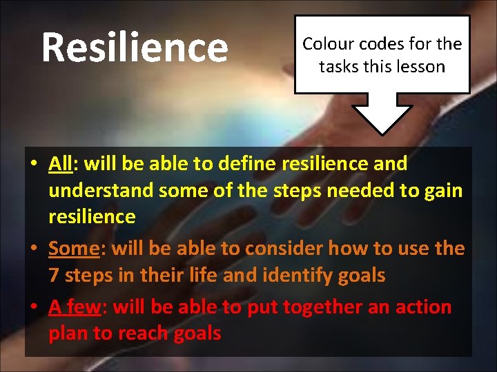 Resilience Colour codes for the tasks this lesson • All: will be able to