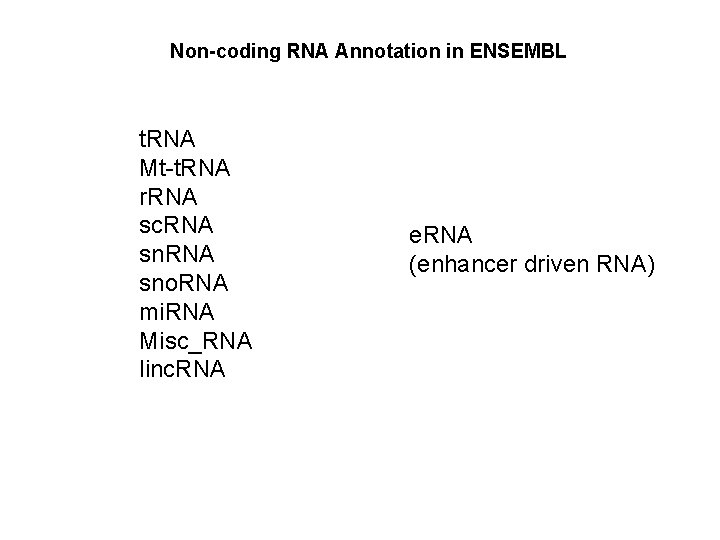 Non-coding RNA Annotation in ENSEMBL t. RNA Mt-t. RNA r. RNA sc. RNA sno.