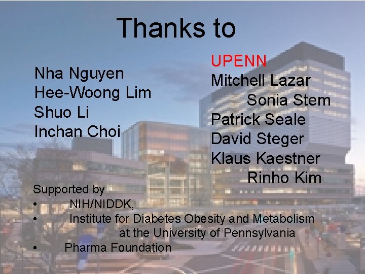 Thanks to Nha Nguyen Hee-Woong Lim Shuo Li Inchan Choi UPENN Mitchell Lazar Sonia