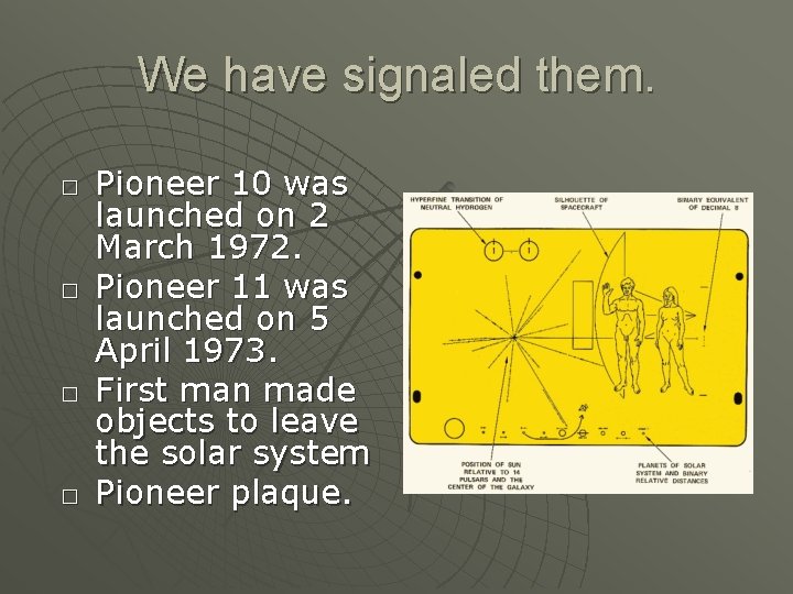 We have signaled them. � � Pioneer 10 was launched on 2 March 1972.
