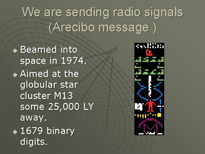 We are sending radio signals (Arecibo message ) Beamed into space in 1974. u