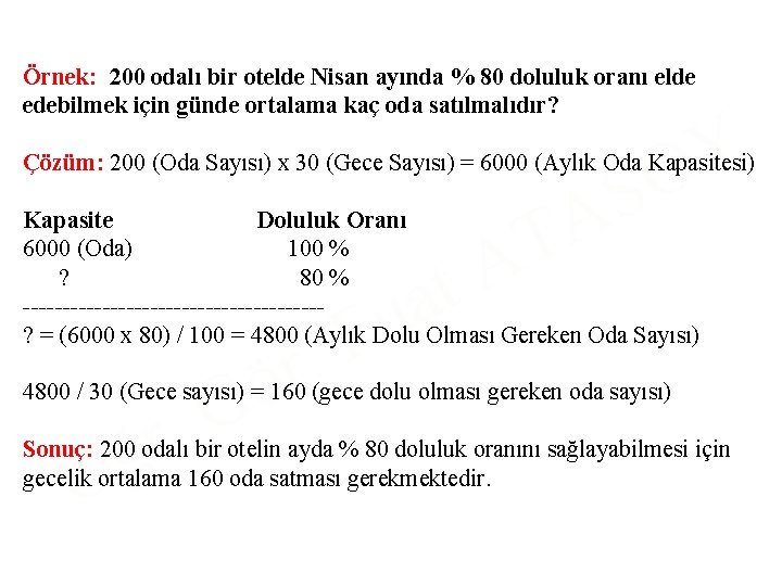 Örnek: 200 odalı bir otelde Nisan ayında % 80 doluluk oranı elde edebilmek için