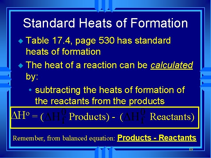 Standard Heats of Formation Table 17. 4, page 530 has standard heats of formation
