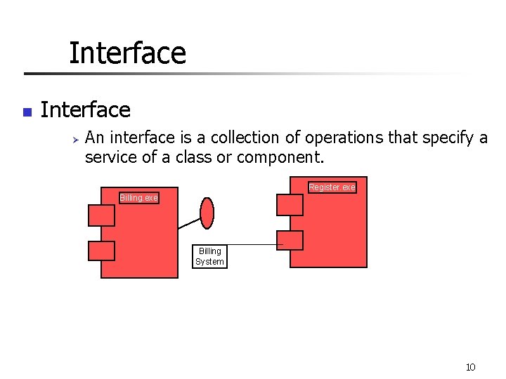 Interface n Interface Ø An interface is a collection of operations that specify a