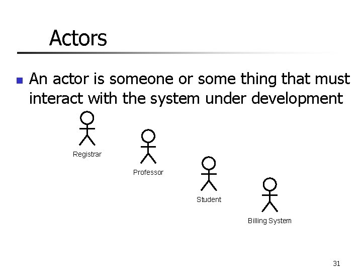 Actors n An actor is someone or some thing that must interact with the