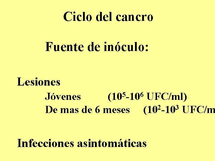 Ciclo del cancro Fuente de inóculo: Lesiones Jóvenes (105 -106 UFC/ml) De mas de Ciclo del cancro Fuente de inóculo: Lesiones Jóvenes (105 -106 UFC/ml) De mas de