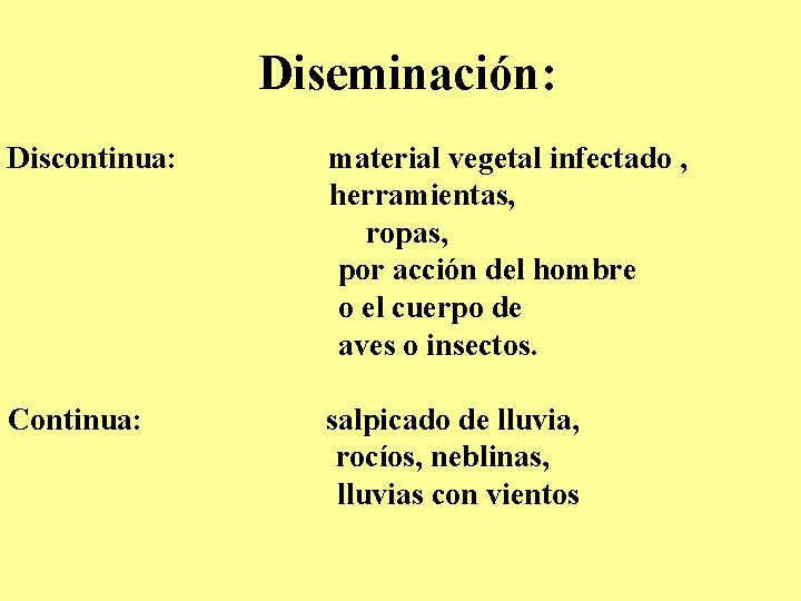 Diseminación: Discontinua: material vegetal infectado , herramientas, ropas, por acción del hombre o el Diseminación: Discontinua: material vegetal infectado , herramientas, ropas, por acción del hombre o el