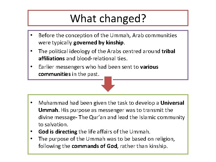 What changed? • Before the conception of the Ummah, Arab communities were typically governed