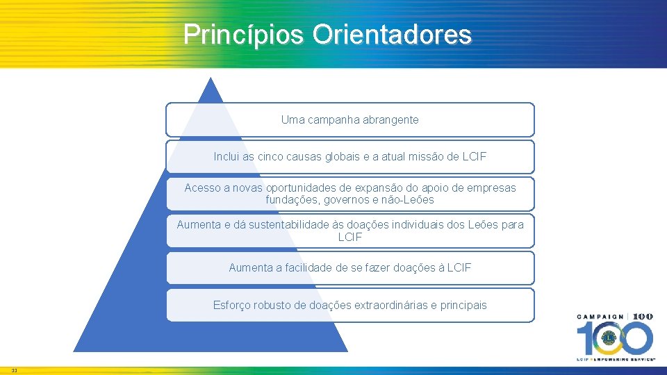 Princípios Orientadores Uma campanha abrangente Inclui as cinco causas globais e a atual missão