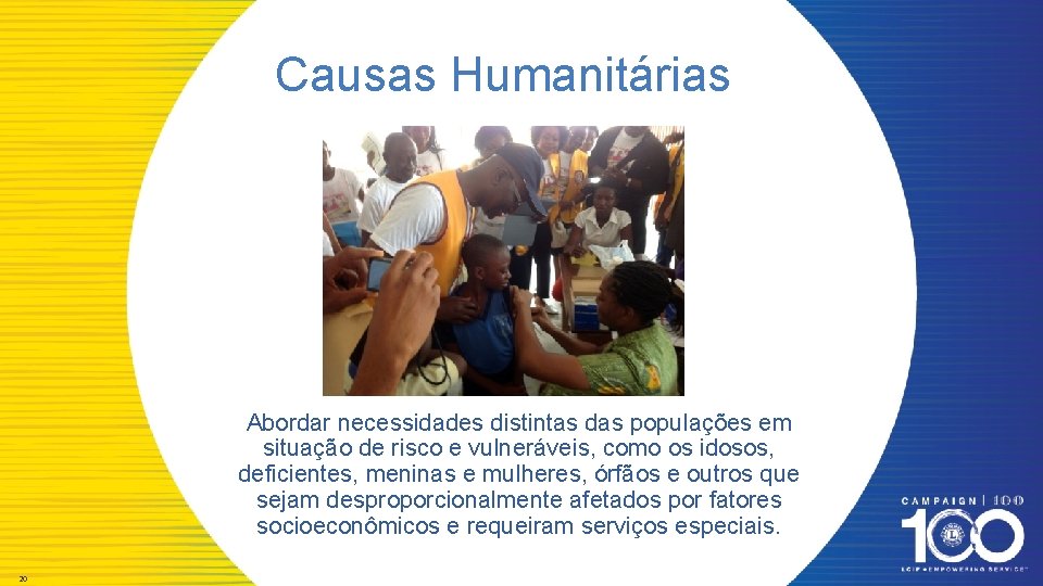 Causas Humanitárias Abordar necessidades distintas das populações em situação de risco e vulneráveis, como