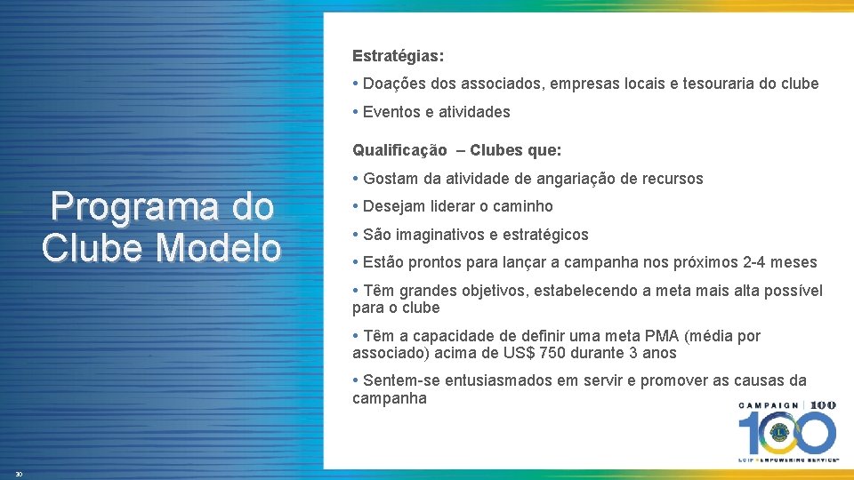 Estratégias: • Doações dos associados, empresas locais e tesouraria do clube • Eventos e