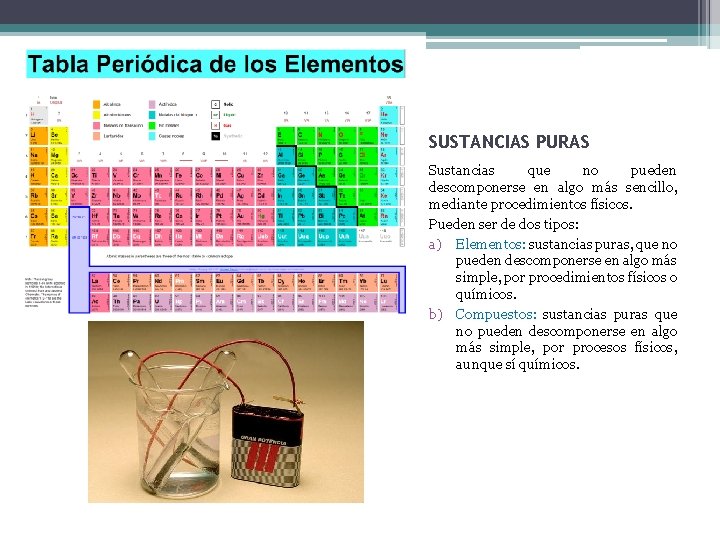 SUSTANCIAS PURAS Sustancias que no pueden descomponerse en algo más sencillo, mediante procedimientos físicos.