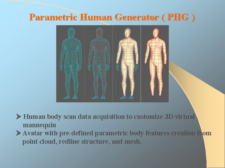 Parametric Human Generator ( PHG ) Human body scan data acquisition to customize 3