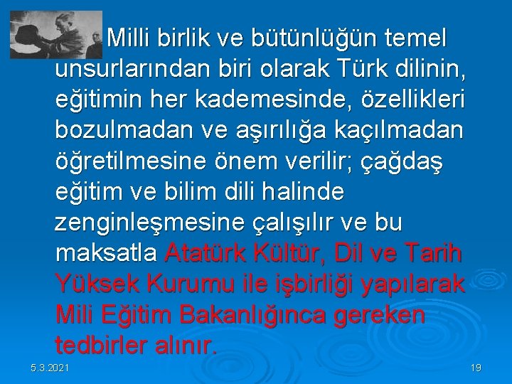 Milli birlik ve bütünlüğün temel unsurlarından biri olarak Türk dilinin, eğitimin her kademesinde, Milli birlik ve bütünlüğün temel unsurlarından biri olarak Türk dilinin, eğitimin her kademesinde,