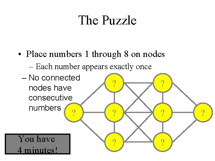 The Puzzle • Place numbers 1 through 8 on nodes – Each number appears