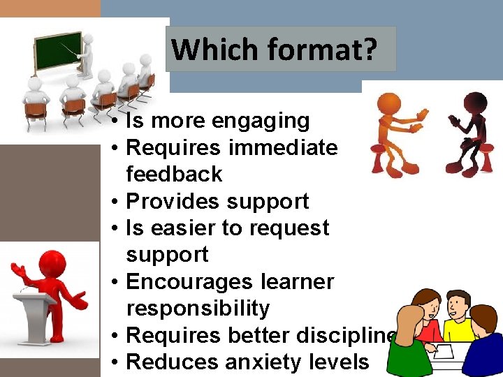 Which format? • Is more engaging • Requires immediate feedback • Provides support •