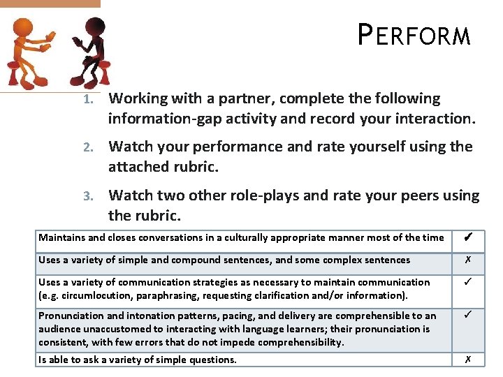 P ERFORM 1. Working with a partner, complete the following information-gap activity and record