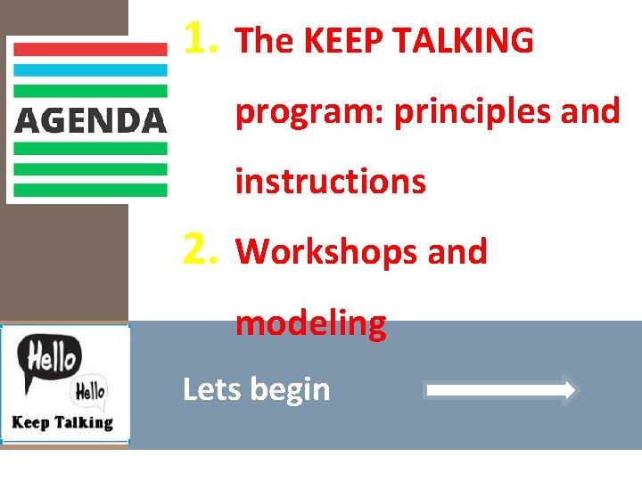 1. The KEEP TALKING program: principles and instructions 2. Workshops and modeling Lets begin