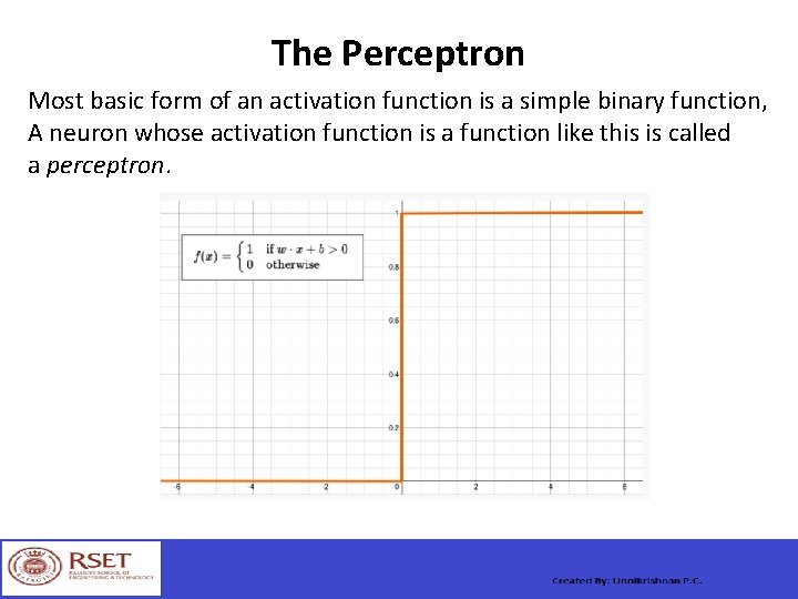 The Perceptron Most basic form of an activation function is a simple binary function,