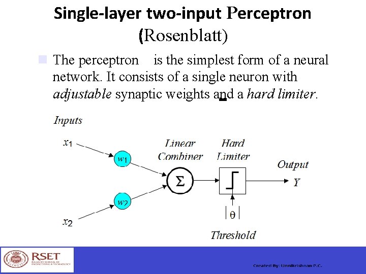 Single-layer two-input Perceptron (Rosenblatt) The perceptron is the simplest form of a neural network.