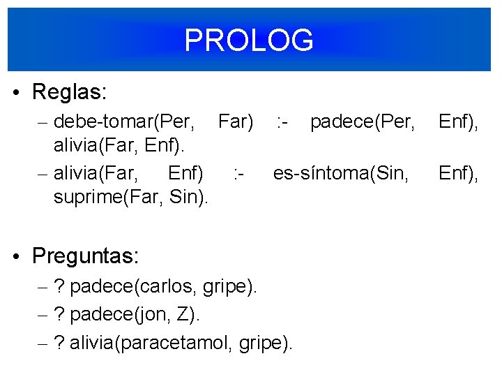 PROLOG • Reglas: – debe-tomar(Per, Far) : - padece(Per, Enf), alivia(Far, Enf). – alivia(Far,