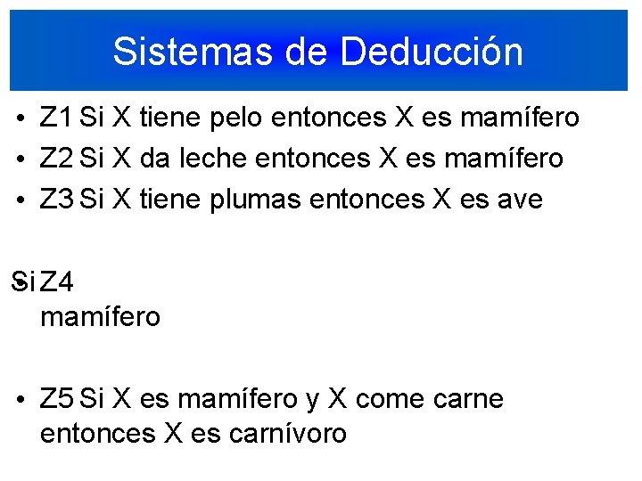 Sistemas de Deducción • Z 1 Si X tiene pelo entonces X es mamífero