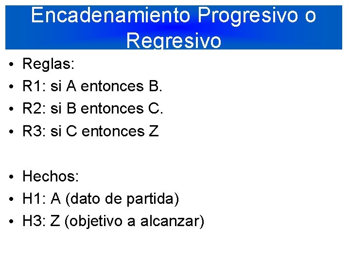 Encadenamiento Progresivo o Regresivo • • Reglas: R 1: si A entonces B. R