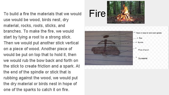 To build a fire the materials that we would use would be wood, birds