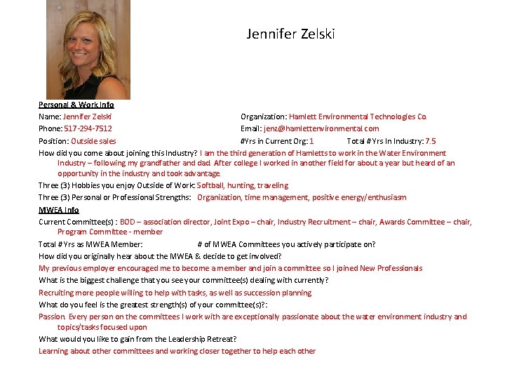 Jennifer Zelski Personal & Work Info Name: Jennifer Zelski Organization: Hamlett Environmental Technologies Co.