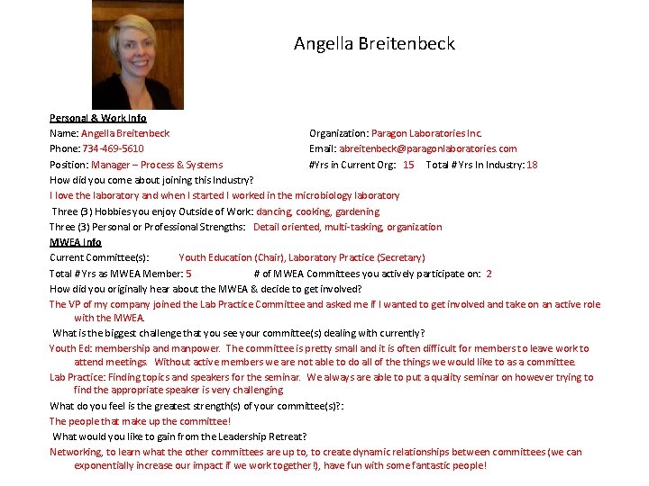 Angella Breitenbeck Personal & Work Info Name: Angella Breitenbeck Organization: Paragon Laboratories Inc. Phone: