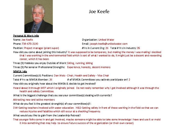 Joe Keefe Personal & Work Info Name: Joe Keefe Organization: United Water Phone: 734