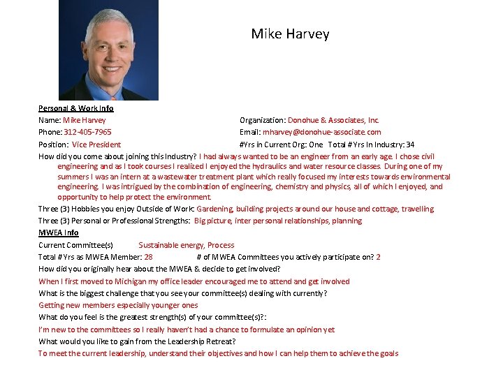 Mike Harvey Personal & Work Info Name: Mike Harvey Organization: Donohue & Associates, Inc.