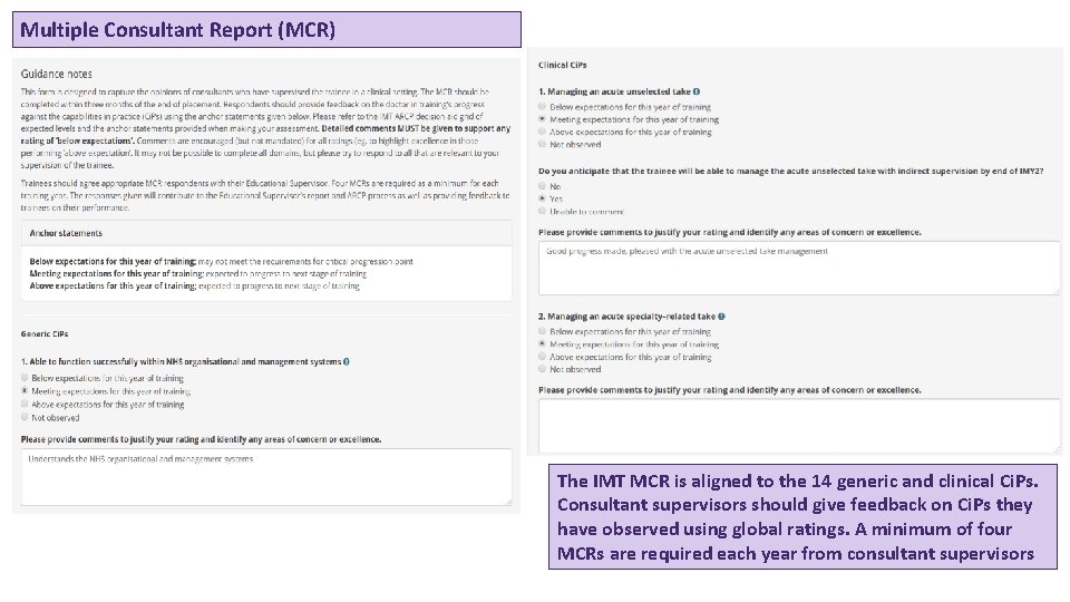 Multiple Consultant Report (MCR) The IMT MCR is aligned to the 14 generic and
