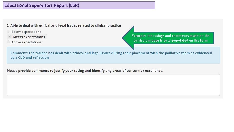 Educational Supervisors Report (ESR) Example: the ratings and comments made on the curriculum page