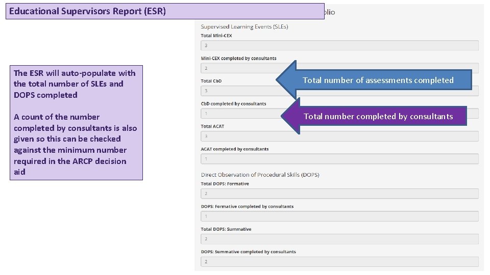 Educational Supervisors Report (ESR) The ESR will auto-populate with the total number of SLEs
