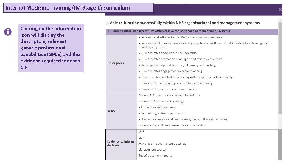 Internal Medicine Training (IM Stage 1) curriculum Clicking on the information icon will display