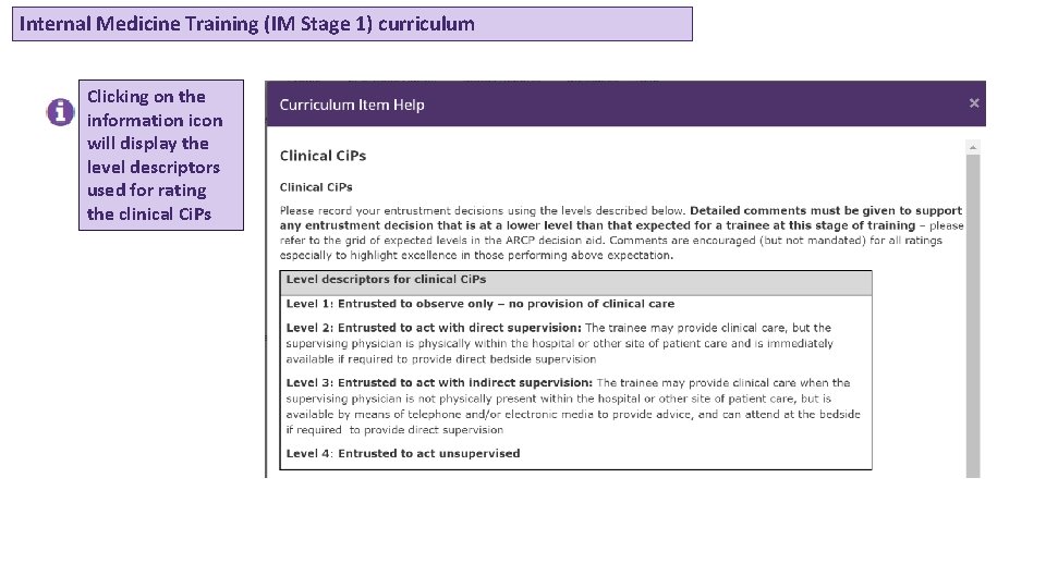 Internal Medicine Training (IM Stage 1) curriculum Clicking on the information icon will display