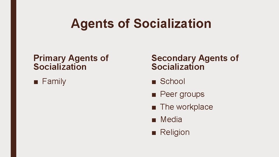 Agents of Socialization Primary Agents of Socialization Secondary Agents of Socialization ■ Family ■