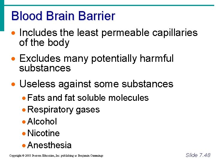 Blood Brain Barrier · Includes the least permeable capillaries of the body · Excludes