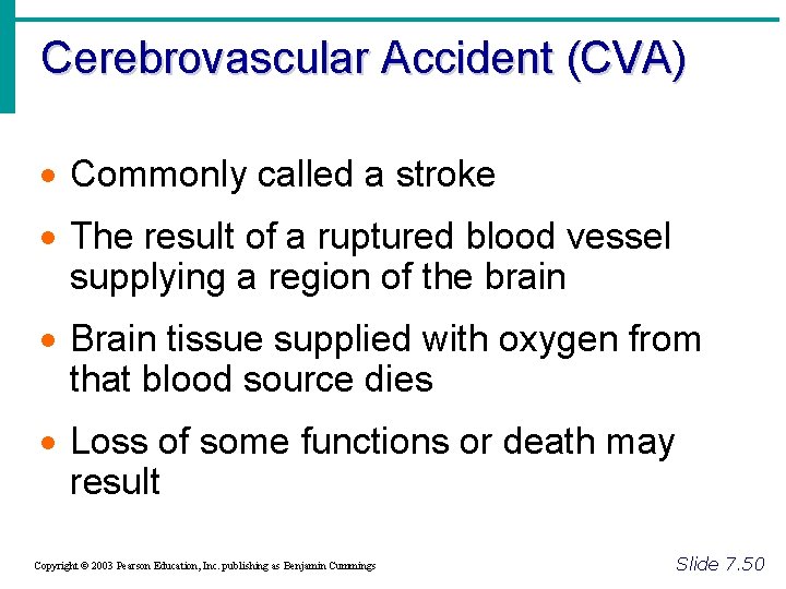 Cerebrovascular Accident (CVA) · Commonly called a stroke · The result of a ruptured