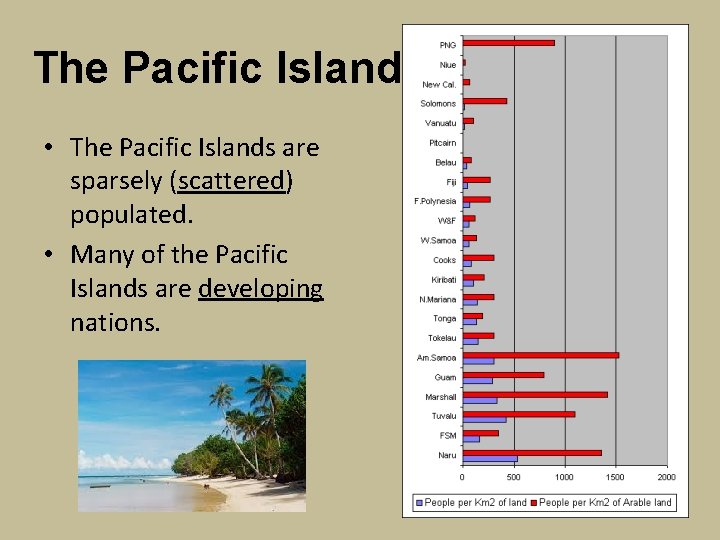 The Pacific Islands • The Pacific Islands are sparsely (scattered) populated. • Many of