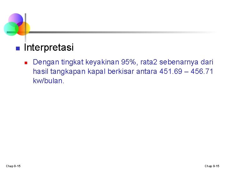 n Interpretasi n Chap 8 -15 Dengan tingkat keyakinan 95%, rata 2 sebenarnya dari n Interpretasi n Chap 8 -15 Dengan tingkat keyakinan 95%, rata 2 sebenarnya dari