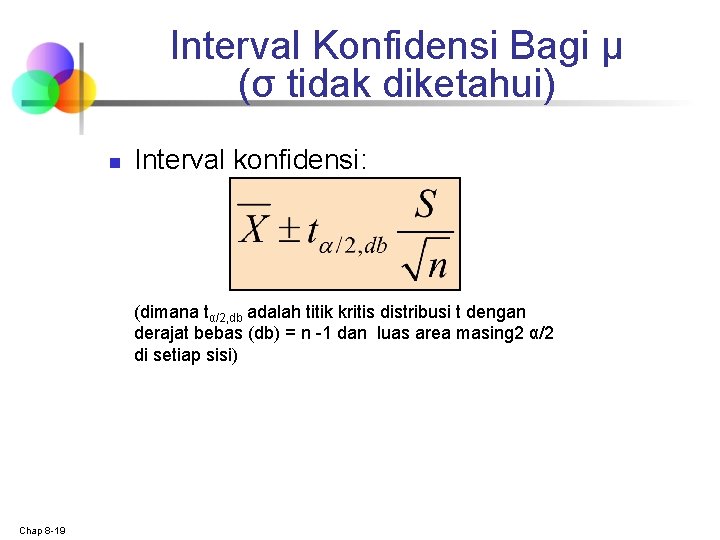 Interval Konfidensi Bagi μ (σ tidak diketahui) n Interval konfidensi: (dimana tα/2, db adalah Interval Konfidensi Bagi μ (σ tidak diketahui) n Interval konfidensi: (dimana tα/2, db adalah