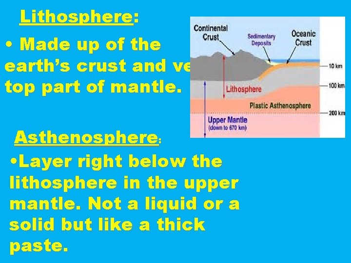 Lithosphere: • Made up of the earth’s crust and very top part of mantle.