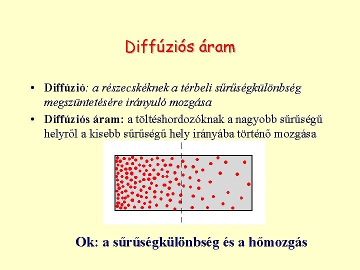 Diffúziós áram • Diffúzió: a részecskéknek a térbeli sűrűségkülönbség megszüntetésére irányuló mozgása • Diffúziós