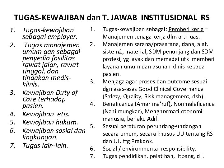 TUGAS-KEWAJIBAN dan T. JAWAB INSTITUSIONAL RS 1. Tugas-kewajiban sebagai employer. 2. Tugas manajemen umum