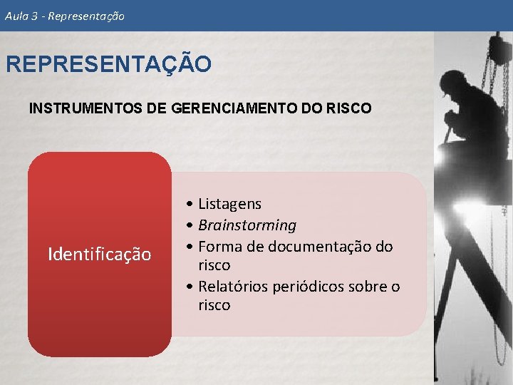 Aula 3 - Representação REPRESENTAÇÃO INSTRUMENTOS DE GERENCIAMENTO DO RISCO Identificação • Listagens •