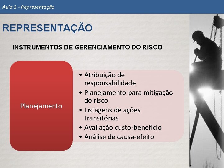 Aula 3 - Representação REPRESENTAÇÃO INSTRUMENTOS DE GERENCIAMENTO DO RISCO Planejamento • Atribuição de