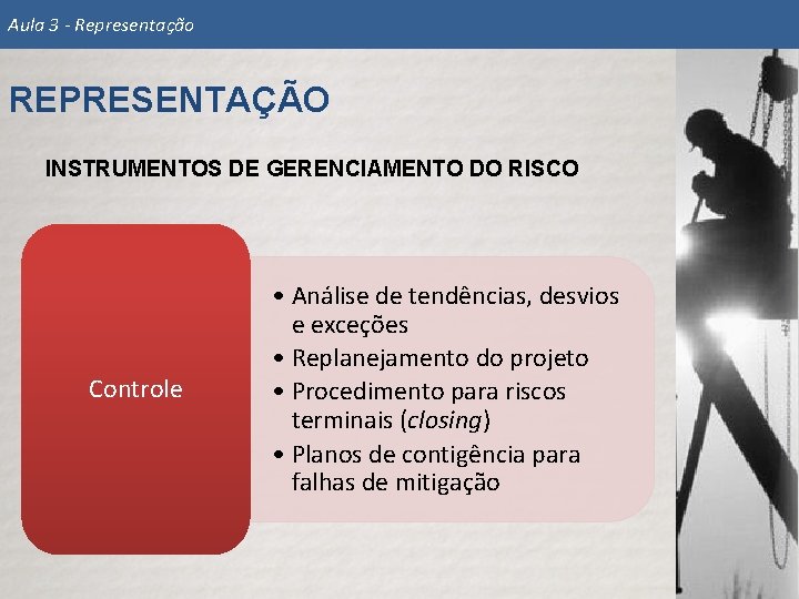 Aula 3 - Representação REPRESENTAÇÃO INSTRUMENTOS DE GERENCIAMENTO DO RISCO Controle • Análise de
